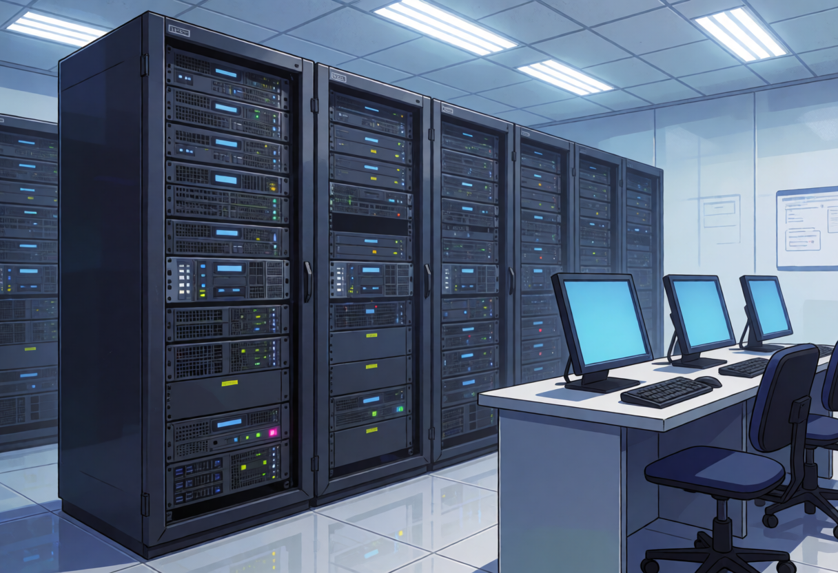 Anime-style image of a server room with racks, servers and terminals.